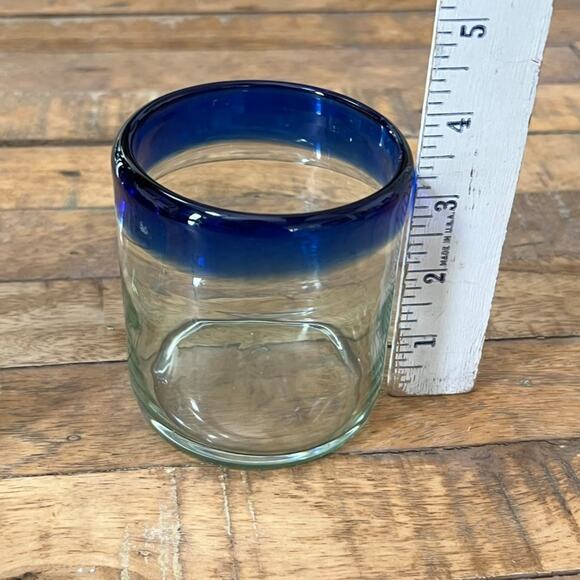 Hand-blown Tumbler Glasses Set of 2 With Cobalt Blue Rim Short - Picture 5 of 6
